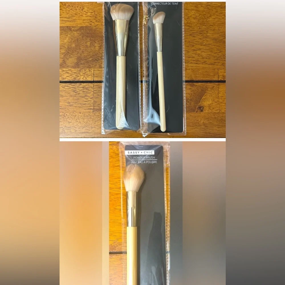 3 Bundled Brushes: Foundation, Blush, & Angled Concealer brushes.
